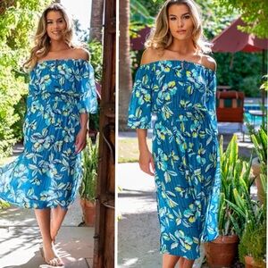 La Blanca Fiji Tropical Beach Coverup  Blue Metallic Midi Dress In Blue Size M